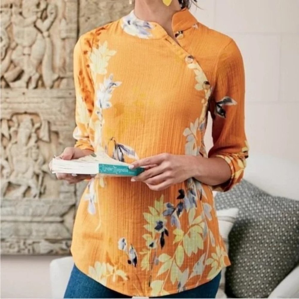 Soft Surroundings Pauleena Pullover Floral Watercolor Mandarin Collar Size Small